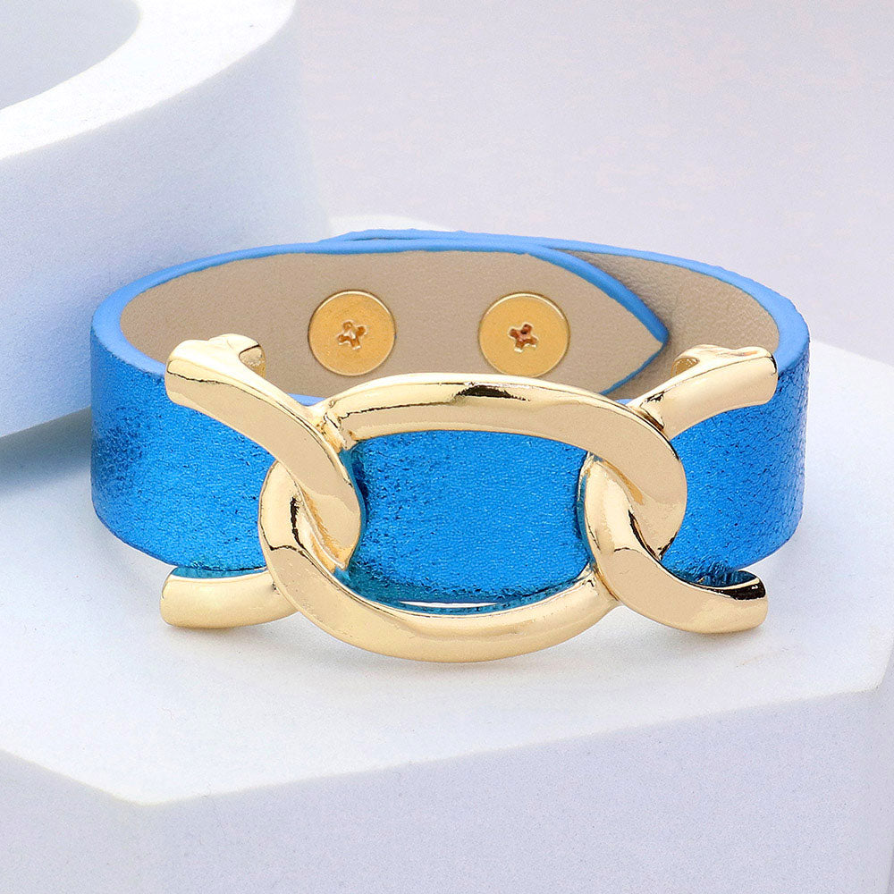 Faux Blue Sparkle Leather Metal Link Fun Fashion Snap Bracelet on a white background