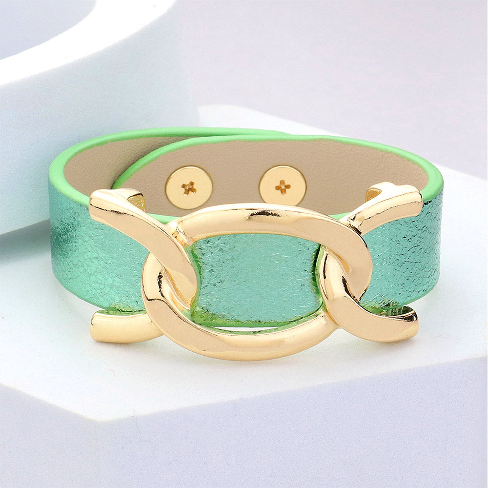 Faux Green Sparkle Leather Metal Link Fun Fashion Snap Bracelet on a white background