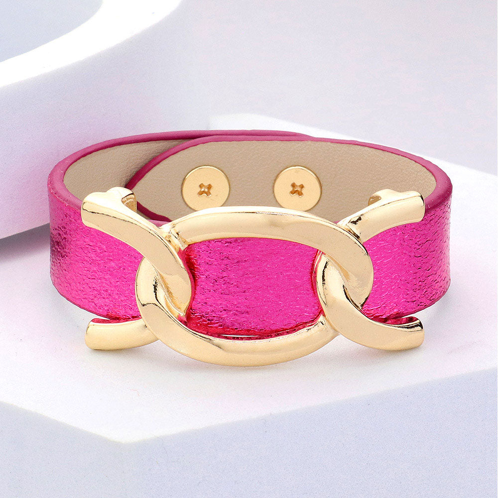 Faux Hot Pink Sparkle Leather Metal Link Fun Fashion Snap Bracelet on a white background