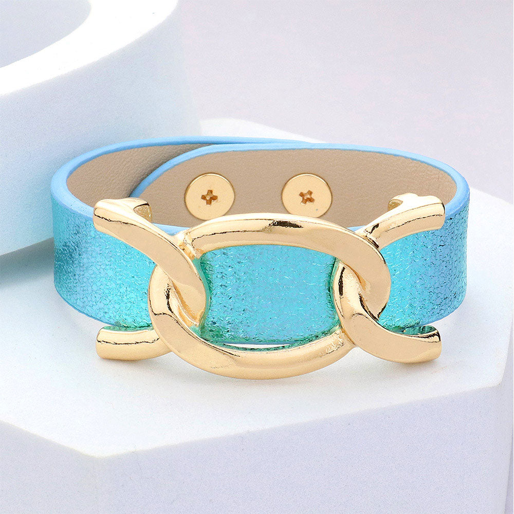 Faux Turquoise Sparkle Leather Metal Link Fun Fashion Snap Bracelet on a white background
