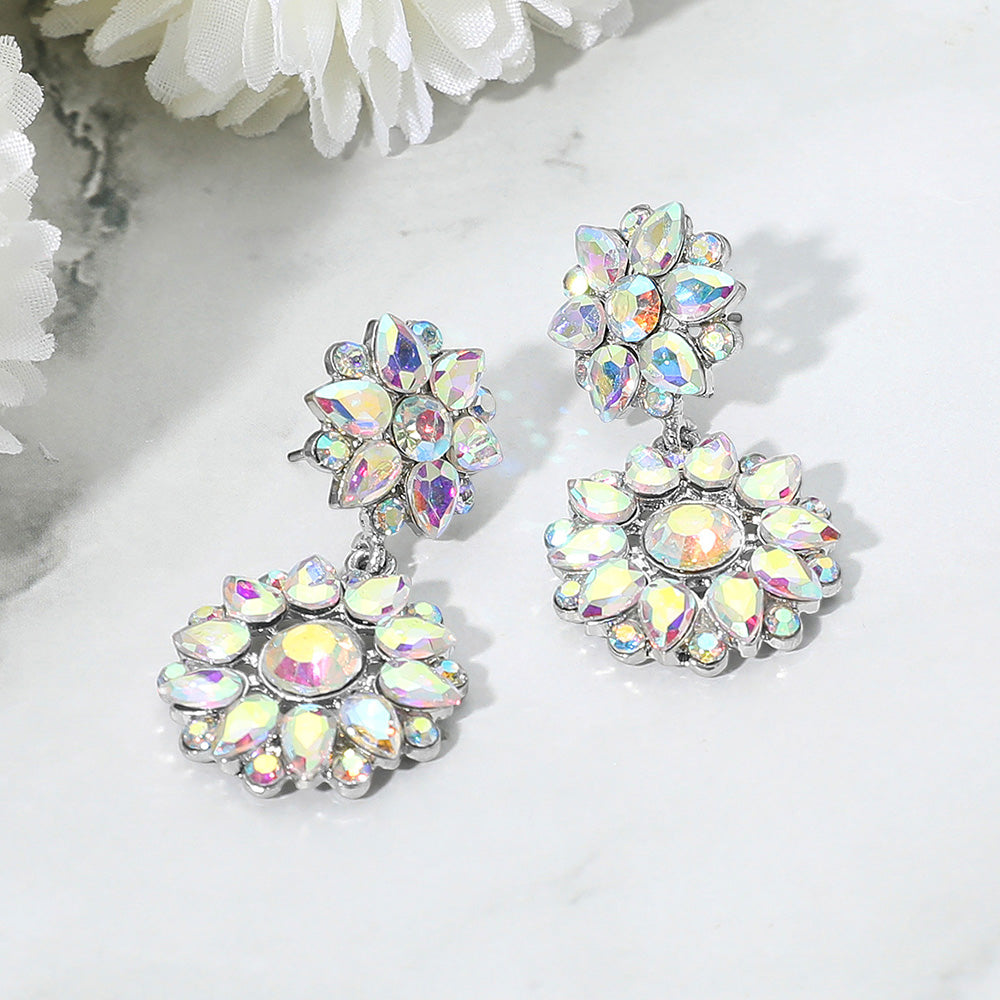 AB floral cluster earrings with iridescent aurora borealis stones for prom or pageants on a white background