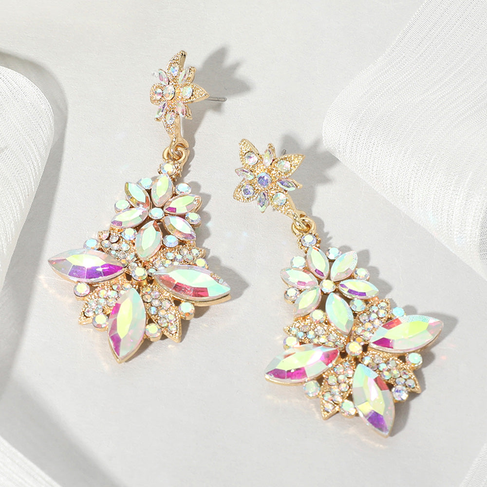 AB floral stone drop earrings with gold-tone setting for prom, pageant, or evening fashion on a white background