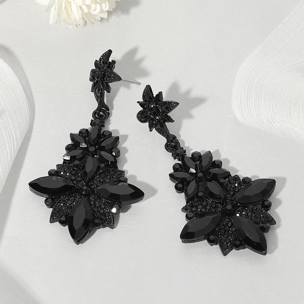 Floral Jet Black Stone Drop Earrings on Black for Pageant, Prom & Evening Wear | 658655