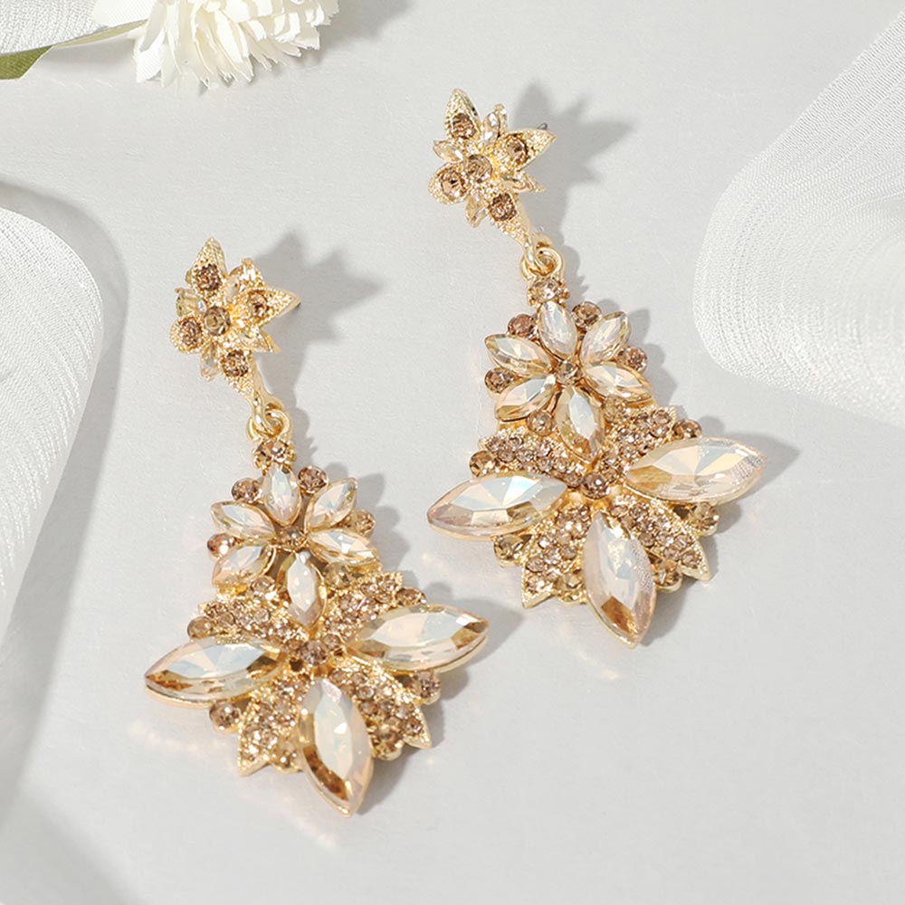 Floral Light Topaz Stone Drop Earrings on Gold for Pageant, Prom & Evening Wear | 658658