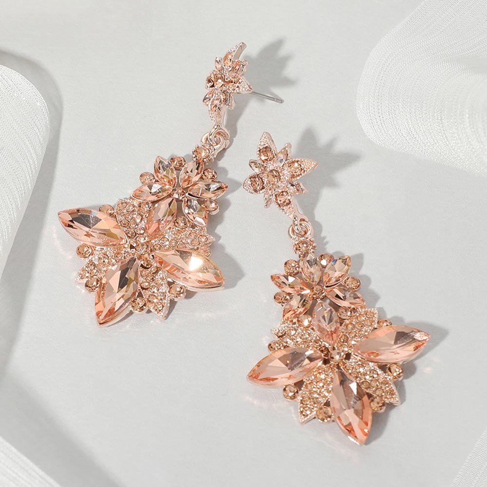 Floral Peach Stone Drop Earrings on Rose Gold for Pageant, Prom & Evening Wear | 658659