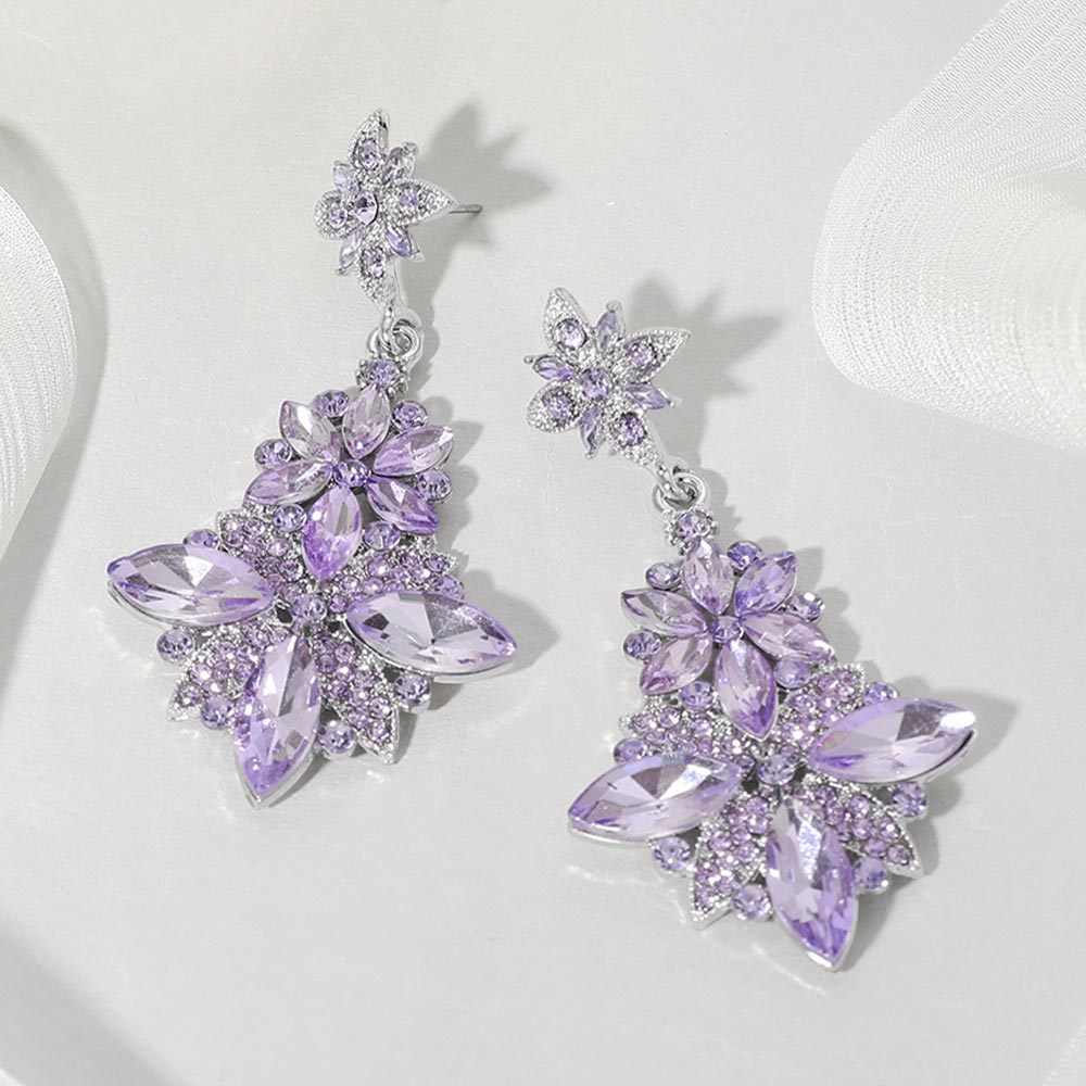 Floral Violet Stone Drop Earrings on Silver for Pageant, Prom & Evening Wear | 658662