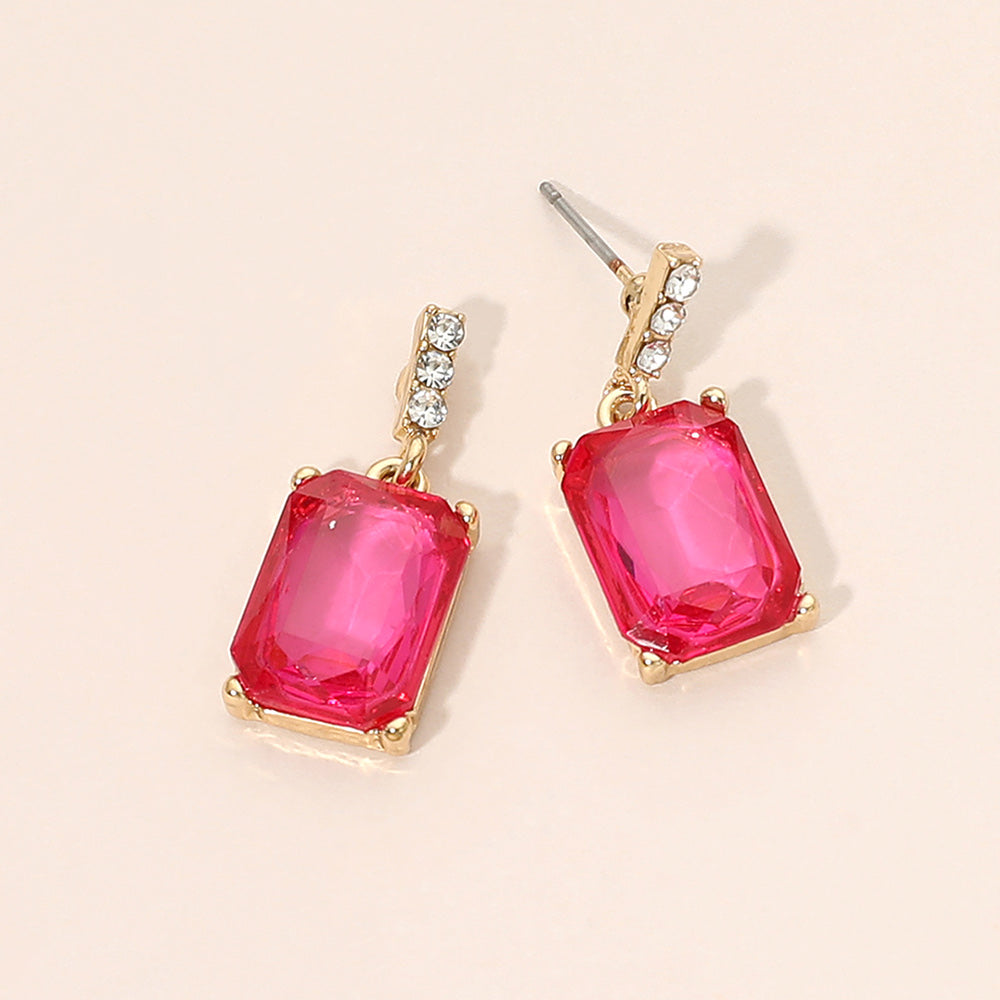 Fuchsia Hot Pink Crystal Small Rectangle Little Girls & Formal Earrings on Gold | 714598