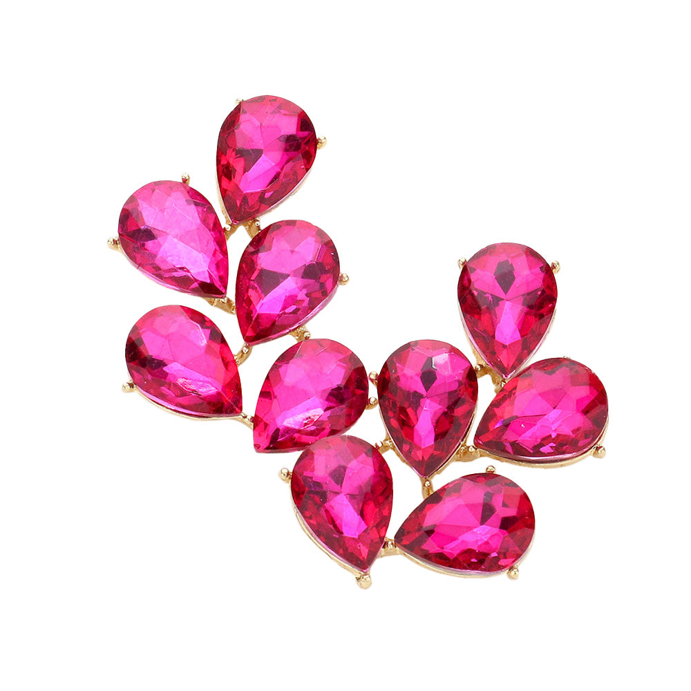 Fuchsia-Hot Pink Teardrop Stone Cluster Earrings backed in gold on a white background