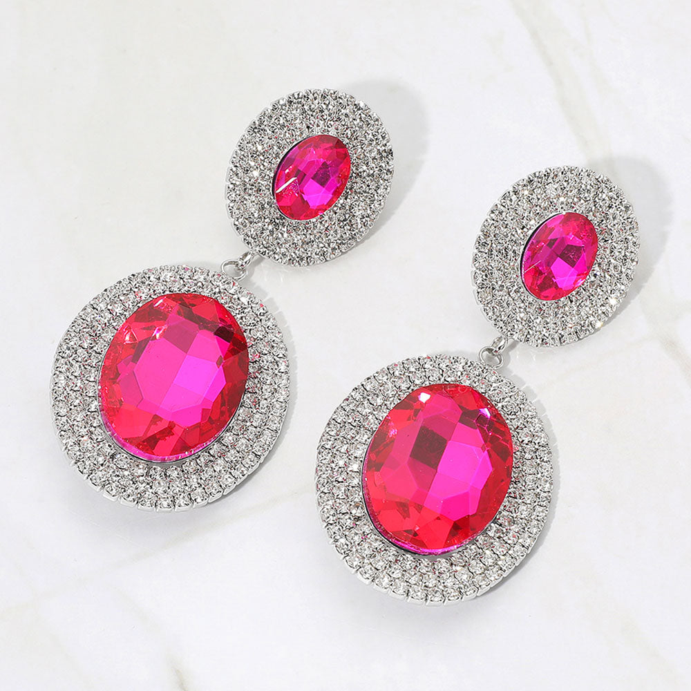 Fuchsia-Hot Pink crystal double oval halos surrounded by rhinestones on silver on a white background — elegant 2.8" statement jewelry for weddings, prom, and evening glam.