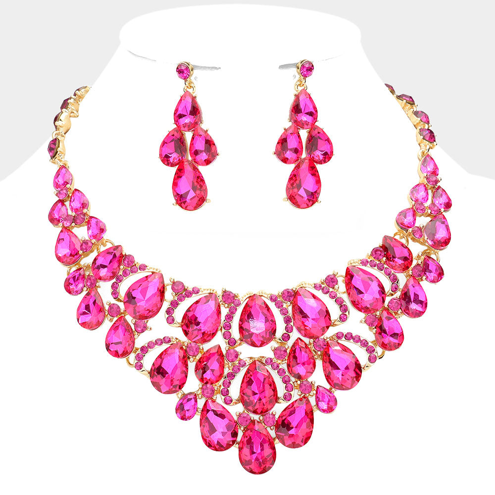 Fuchsia Crystal Teardrop Cluster Pageant Necklace on Gold | Statement Necklace | 602695