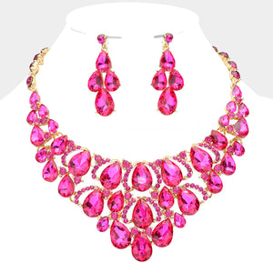 Fuchsia Crystal Teardrop Cluster Pageant Necklace on Gold | Statement Necklace | 602695