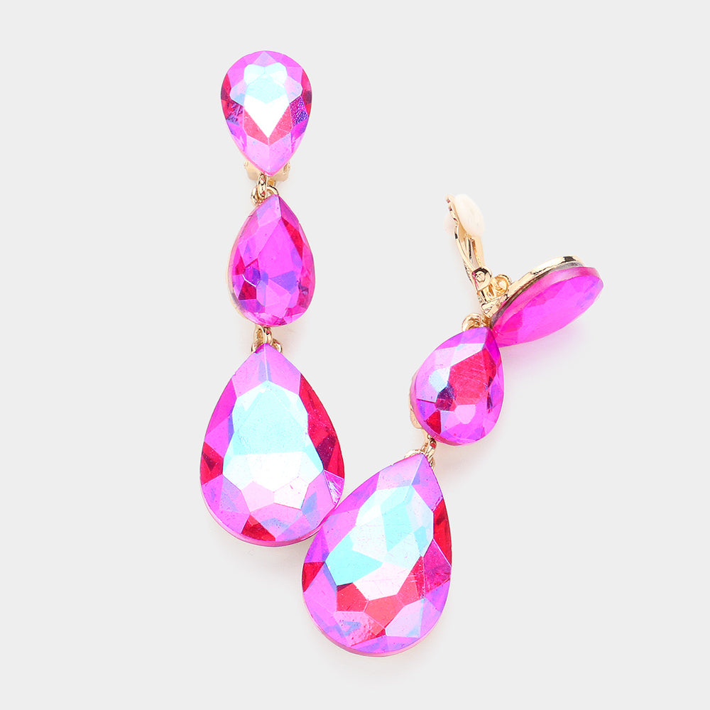 Fuchsia-Hot Pink AB Crystal Triple Teardrop Clip-on Pageant Earrings gold backed on a white background