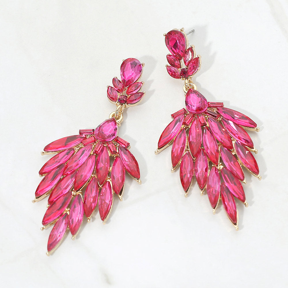 Fuchsia hot pink marquise cluster pageant prom drop earrings in a gold setting on a white background