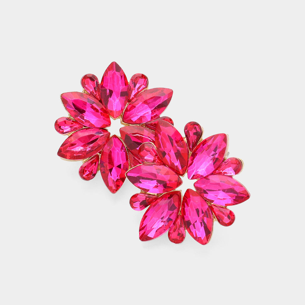 Fuchsia Marquise Stone Flower Pageant Earrings | Fuchsia Evening Earrings on Gold |  637800