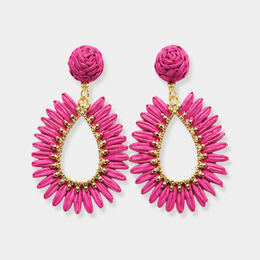 Fuchsia-hot pink woven raffia open teardrop earrings on gold with post backs isolated on a white background.