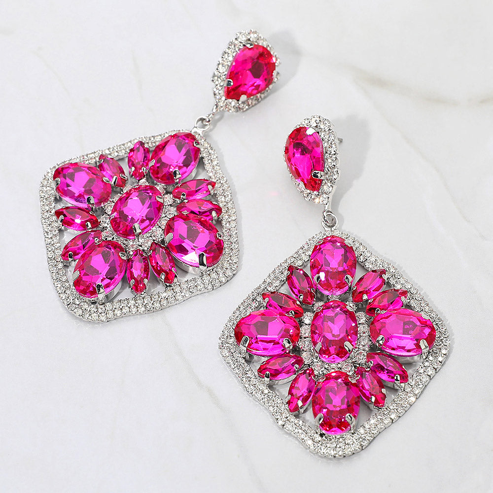 Fuchsia Oval Marquise Stone Cluster Rhinestone Statement Earrings – Glam Evening & Pageant Jewelry |  680468