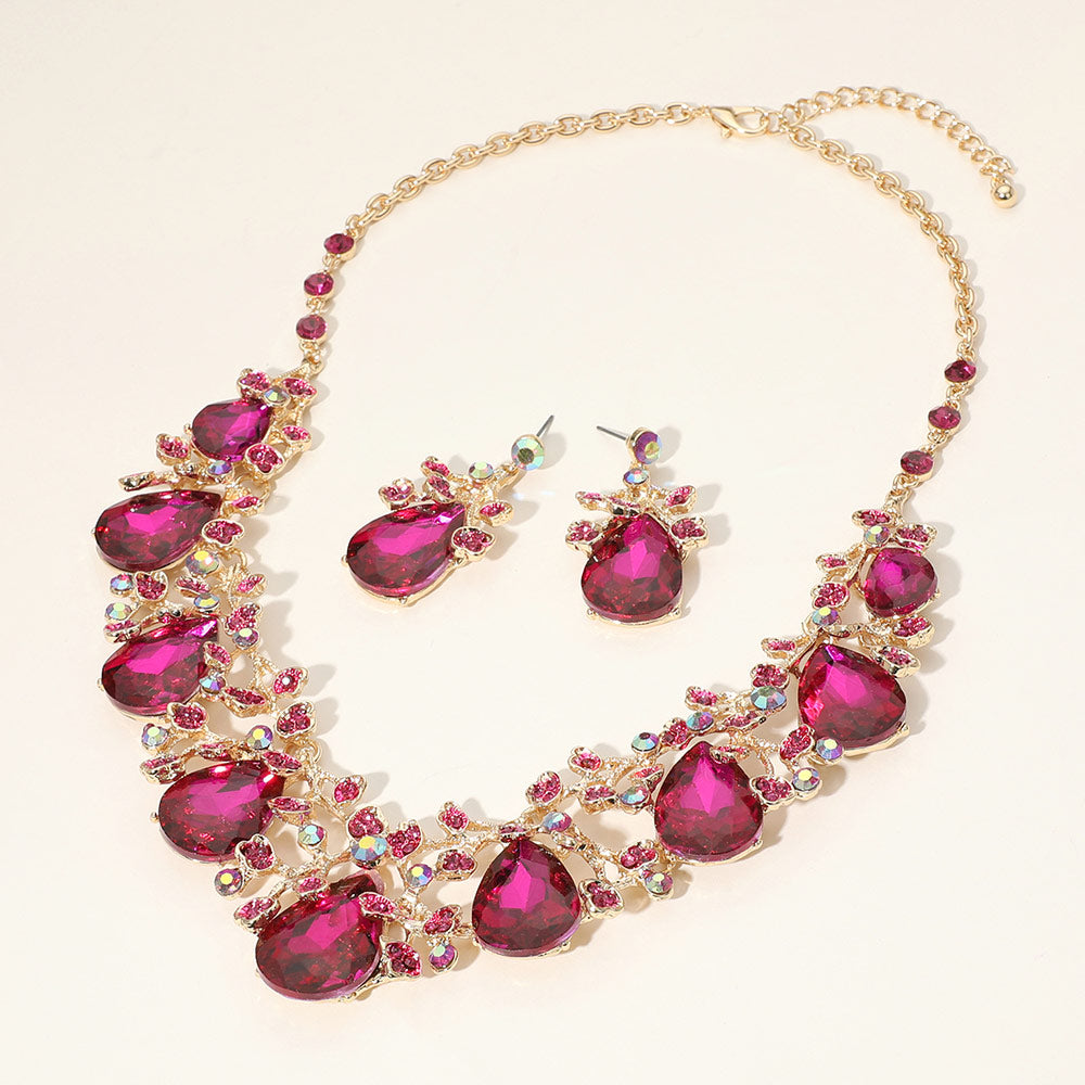 Fuchsia Teardrop Rhinestone Floral Necklace Set on Gold– Crystal Prom Evening Jewelry |  479362