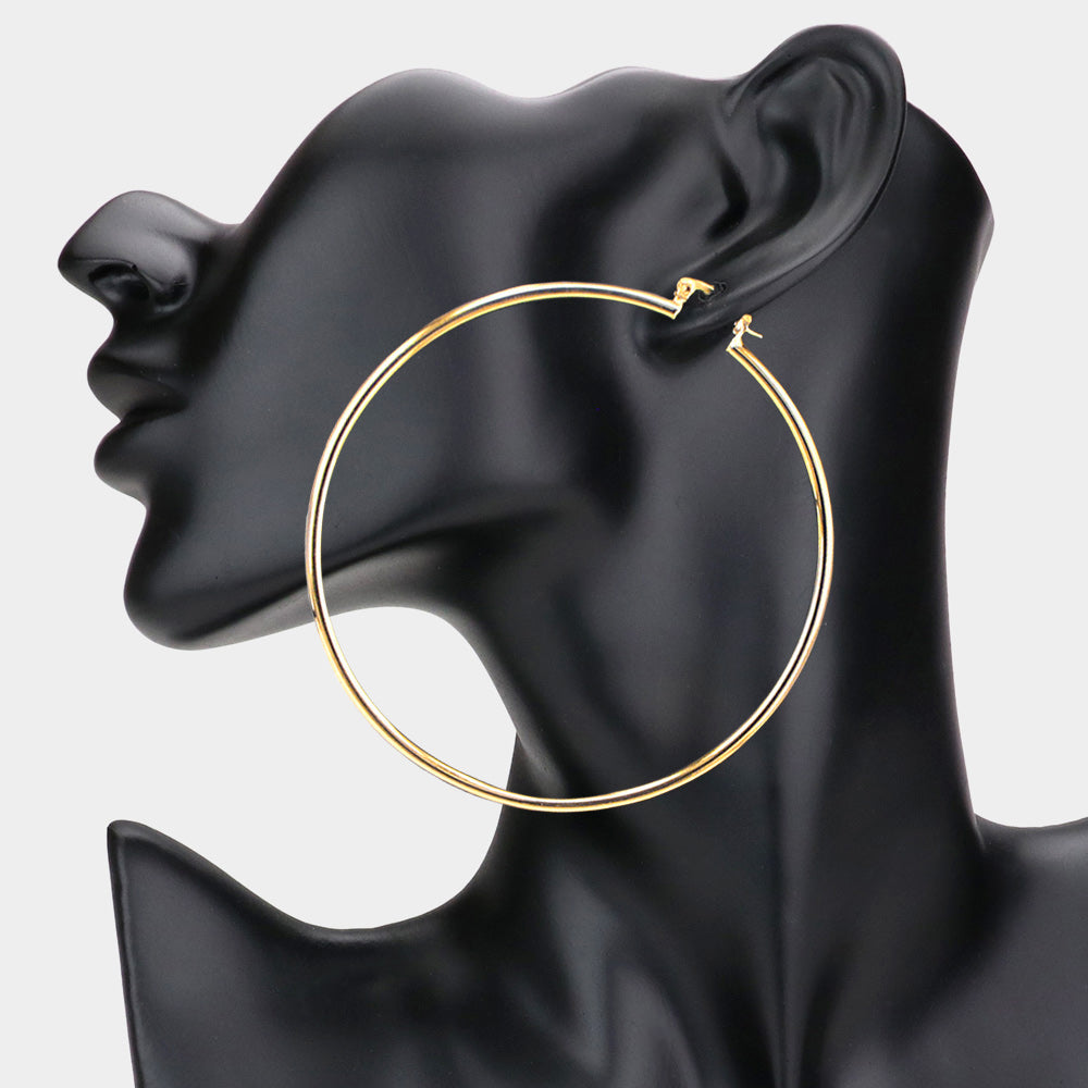 Gold Metal Hoop pin catch earrings on mannequin 3.1"