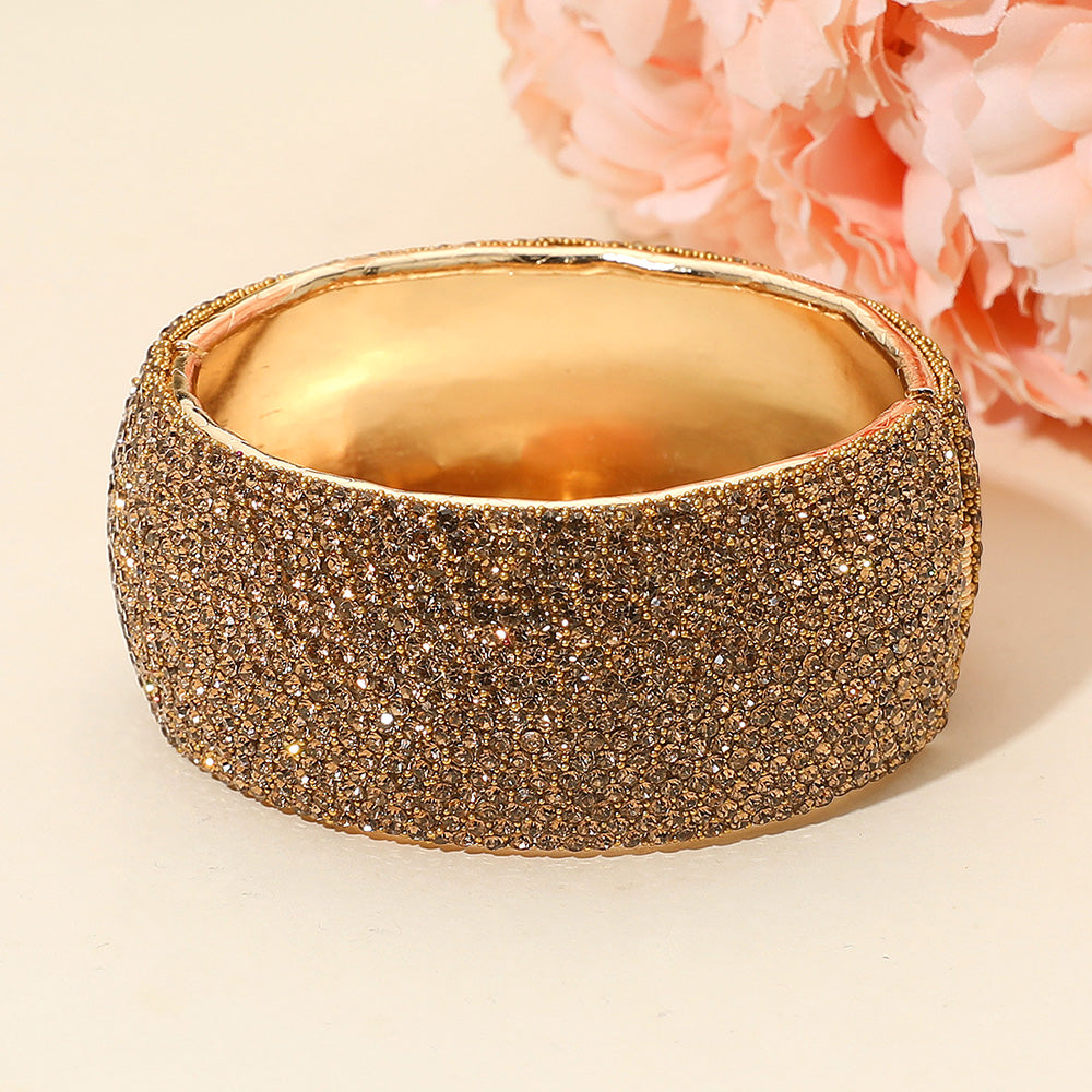 Gold Stone Wide Rhinestone Hinged Evening Bangle Bracelet on Gold |  676055