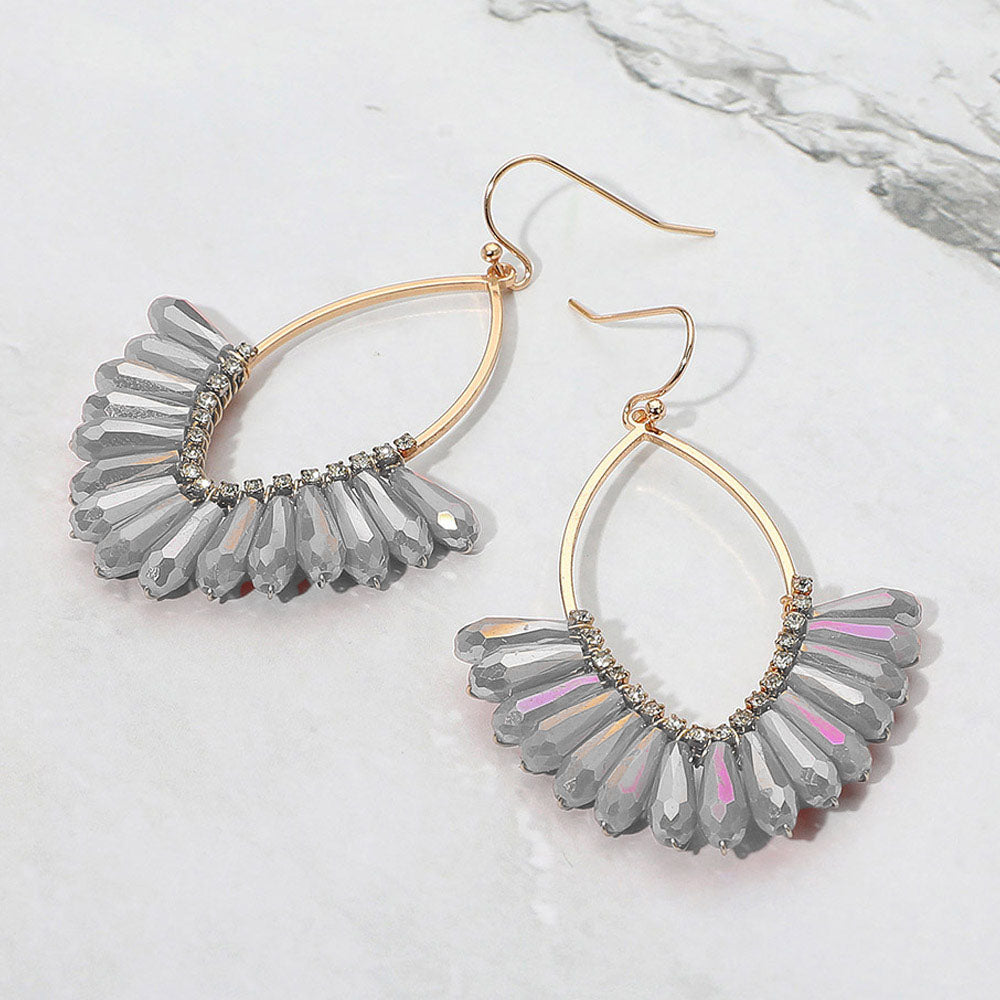 Gray Faceted Beaded Open Marquise Fan Dangle Earrings