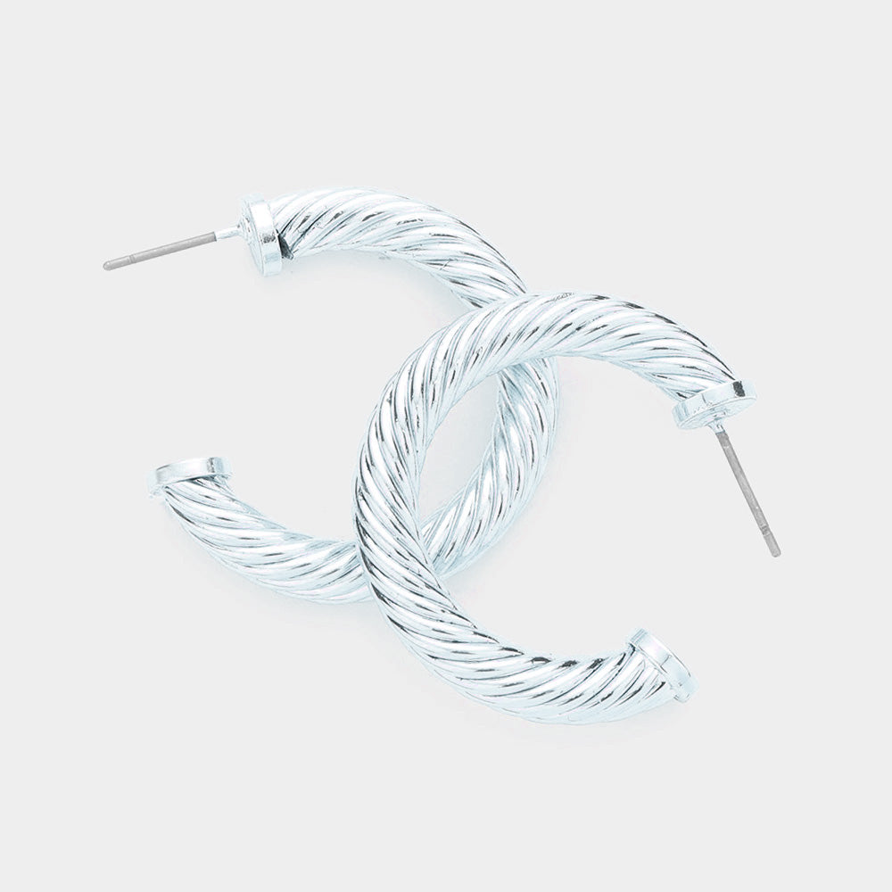 Gray twisted rope texture hoop earrings 1.25 inch shown on a white background