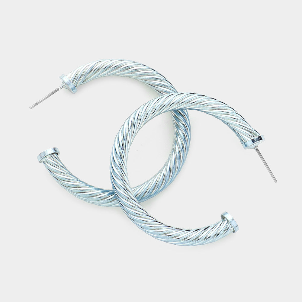 Gray twisted rope texture hoop earrings 1.5 inch shown on a white background