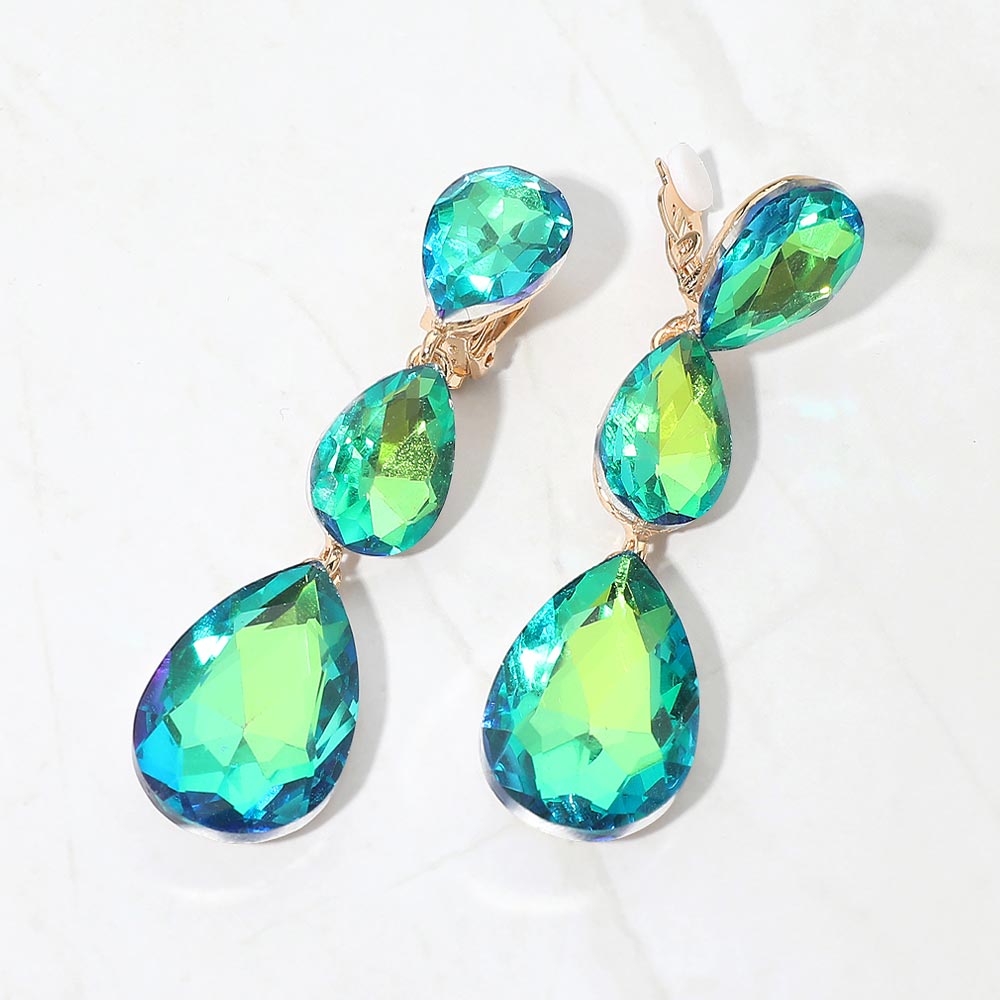 Green AB Crystal Triple Teardrop Clip-on Pageant Earrings on Gold  | Green AB Earrings | 693331