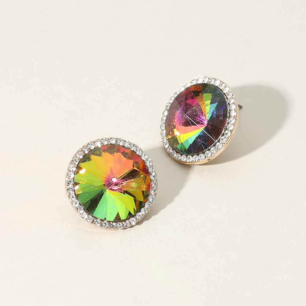 green AB round center crystal surrounded by clear rhinestones stud earrings on silver post on a white background – elegant statement jewelry for prom or pageant looks