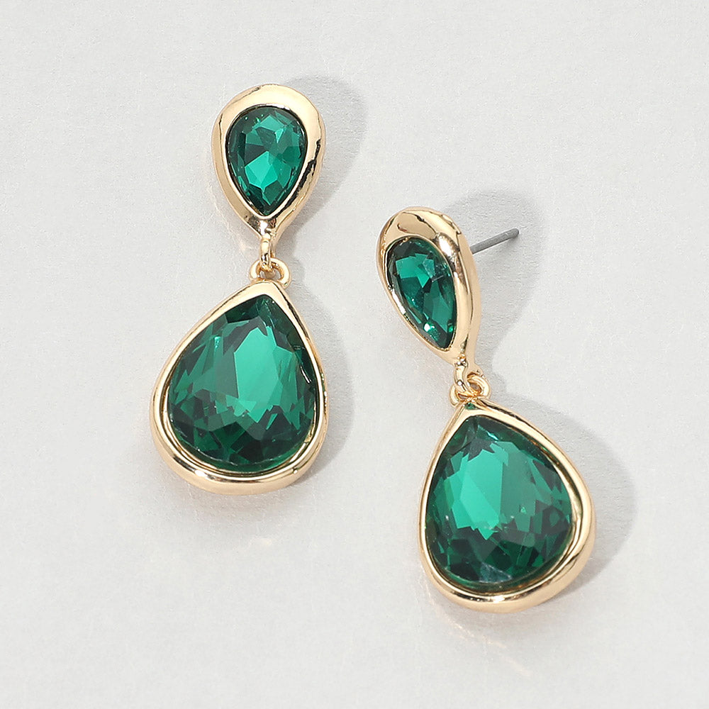 Gold-tone drop earrings with faceted emerald green double teardrop crystals, displayed on a clean white background.