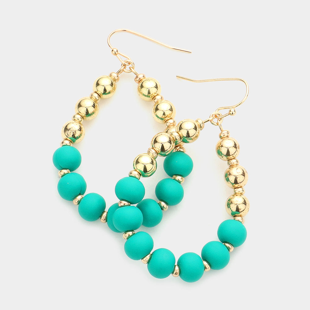 Green & Gold Ball Teardrop Fun Fashion Earrings bold backed on a white background