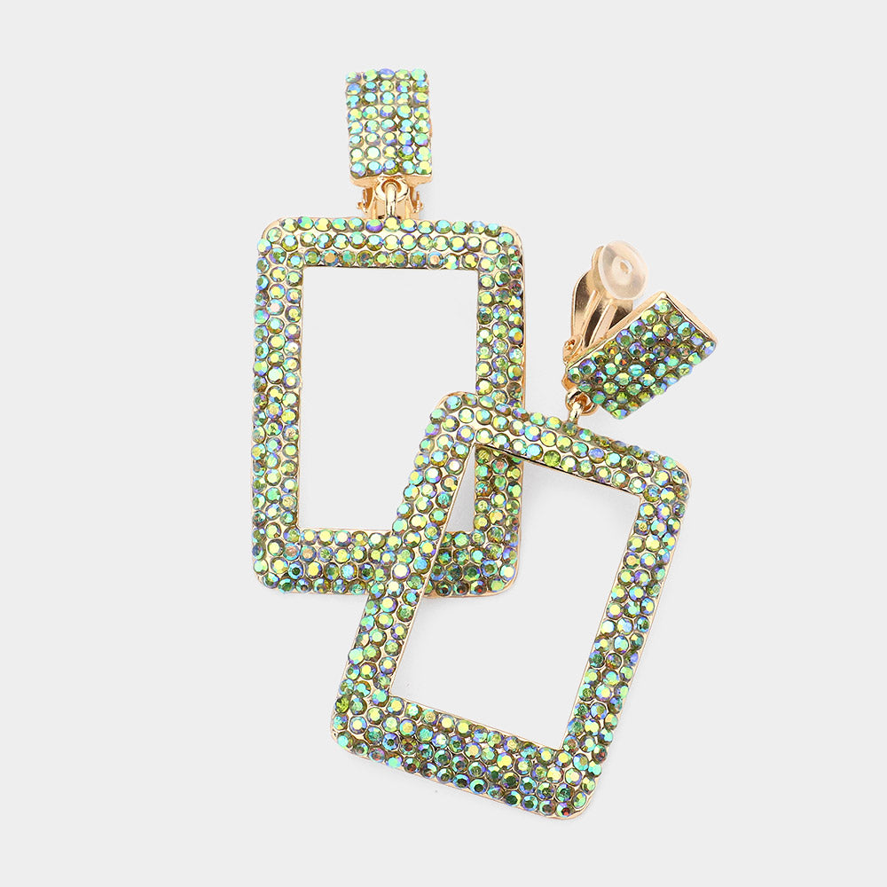 Green Rhinestone Embellished Open Rectangle Pageant Earrings on Gold  | Fun Fashion Earrings |  560486