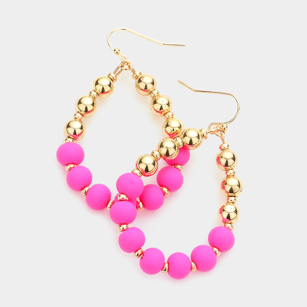 Hot Pink-Fuchsia & Gold Ball Teardrop Fun Fashion Earrings bold backed on a white background