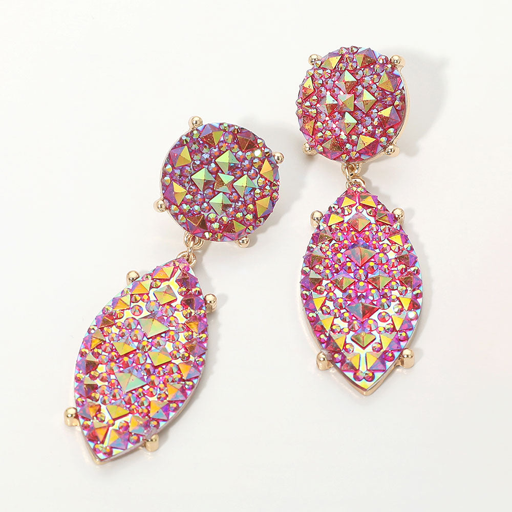 Iridescent fuchsia hot pink and AB rhinestone marquise drop pageant earrings on gold on a white background
