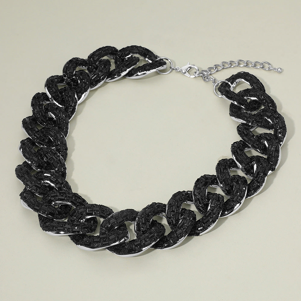 Jet Black Chunky Chain Statement Necklace on Silver  – Bold Crystal Jewelry for Pageant Runway & Everyday Glam |  673434