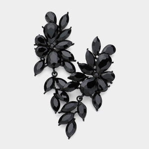 Jet Black crystal marquise statement earrings on black with a cascading arrangement of faceted marquise stones, displayed on a white background.