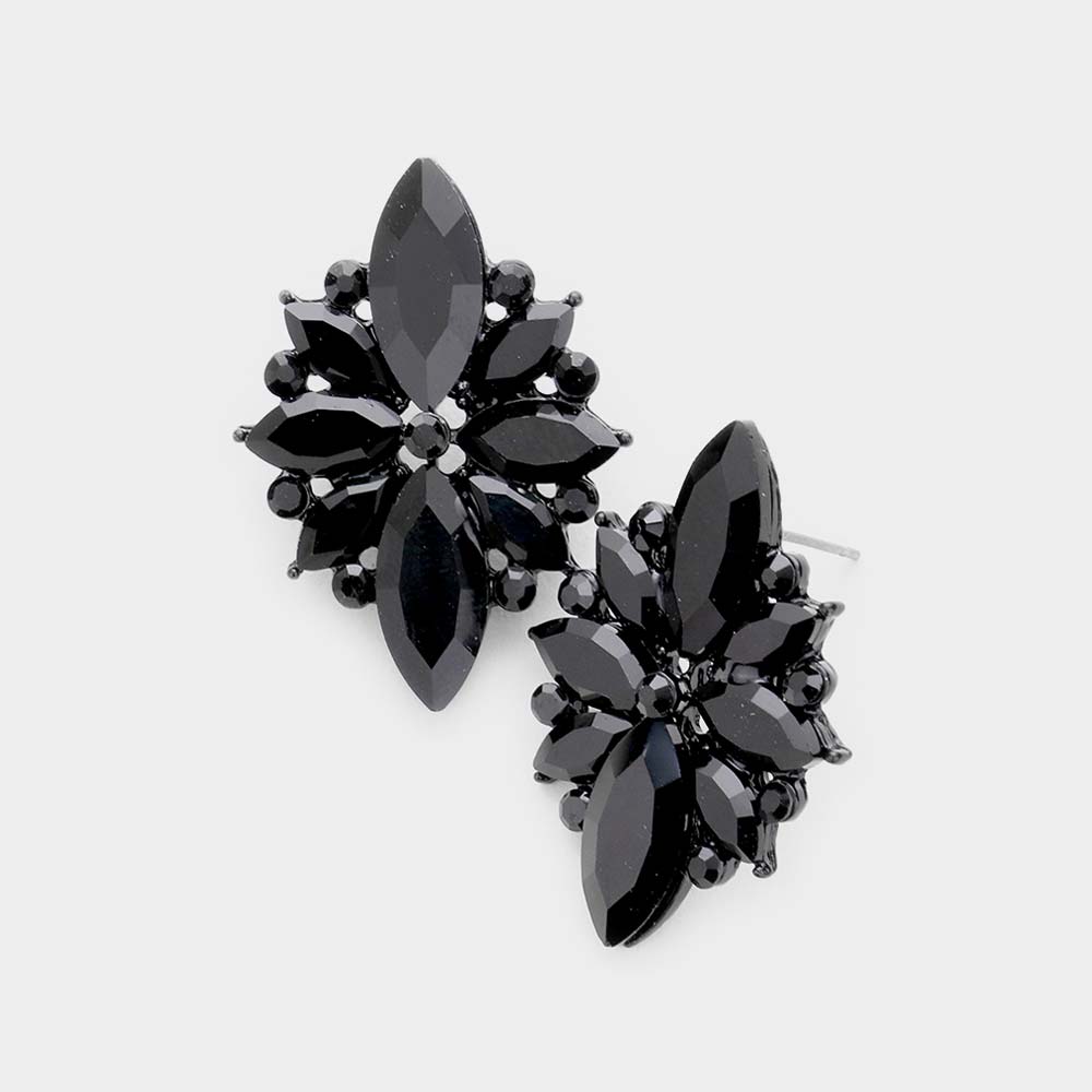 Jet Black Marquise Round Stone Cluster Pageant Earrings on Black | Prom Earrings| 478049