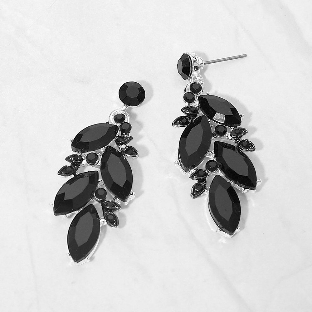 Jet black marquise stone cluster leaf drop earrings on black on white background
