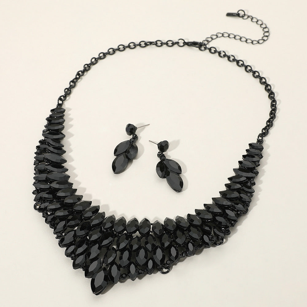 Jet Black Marquise Stone Embellished Collar Evening Necklace Set | Crystal Necklace Set | 643231