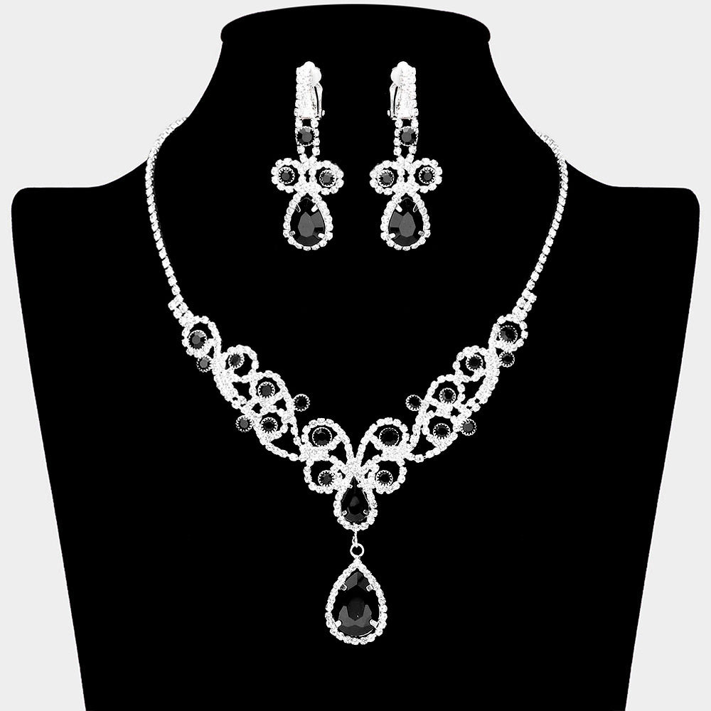 Jet black teardrop crystal rhinestone vine necklace set with clip-on earrings on black bust