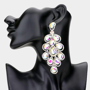 An extra-long ornate drop earring with cascading AB teardrop-shaped crystals, smaller accent stones, and silver-tone metal detailing, displayed on a black mannequin head against a light gray background.