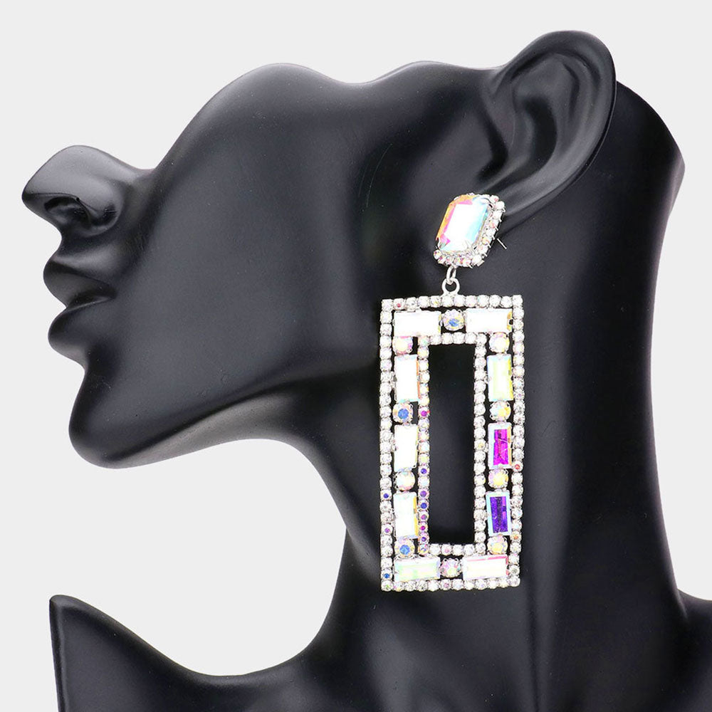 Large AB Multi Shape Stone Open Rectangle Earrings Silver backed on black mannequin earlobe