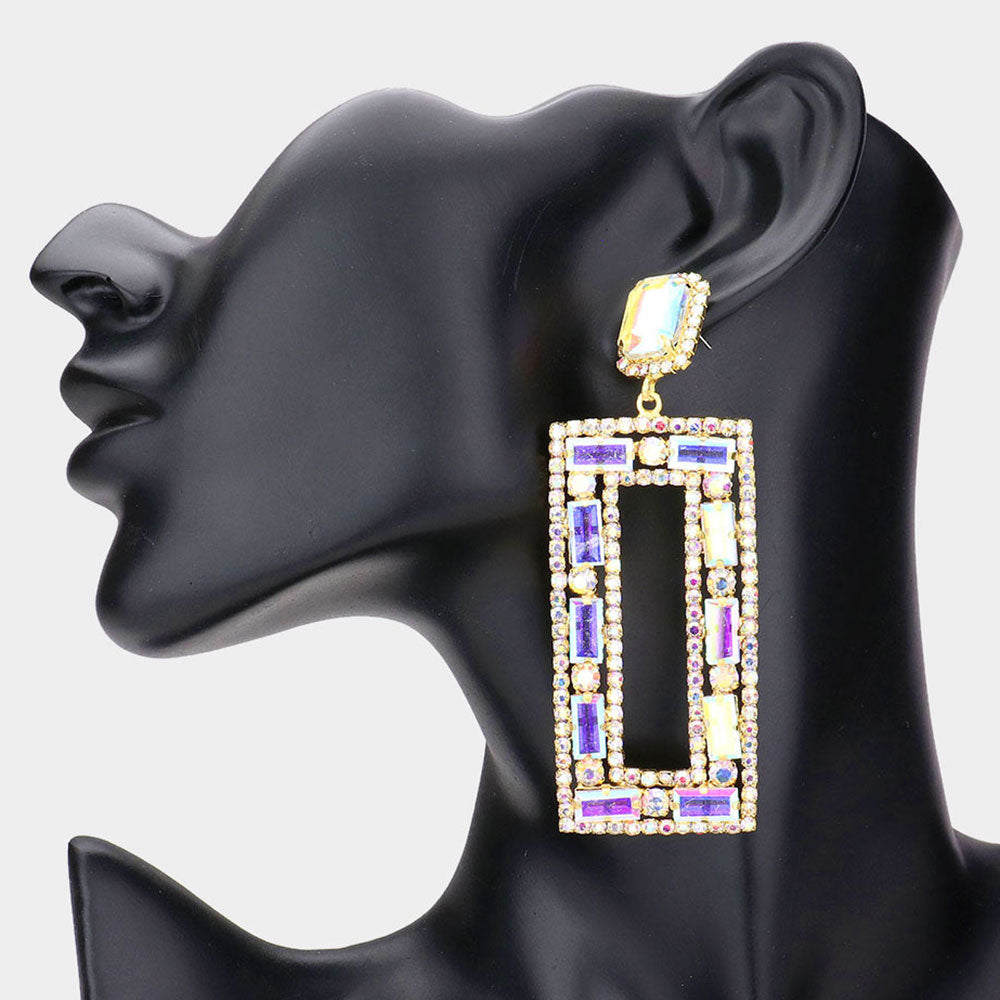 Large AB on Gold Multi Shape Stone Open Rectangle Earrings on black mannequin earlobe