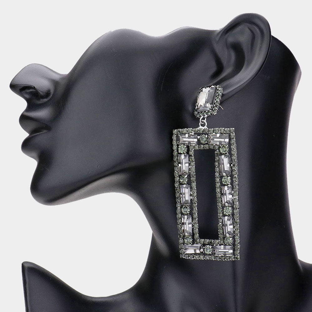 Large Black Diamond Multi Shape Stone Open Rectangle Earrings on black mannequin earlobe