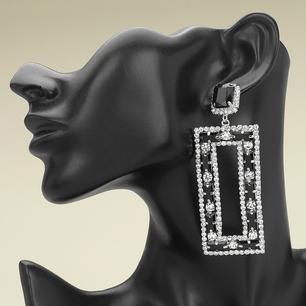 Large Black Multi Shape Stone Open Rectangle Earrings on black mannequin earlobe