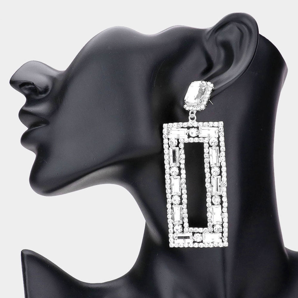 Large Clear Multi Shape Stone Open Rectangle Earrings silver backed on black mannequin earlobe
