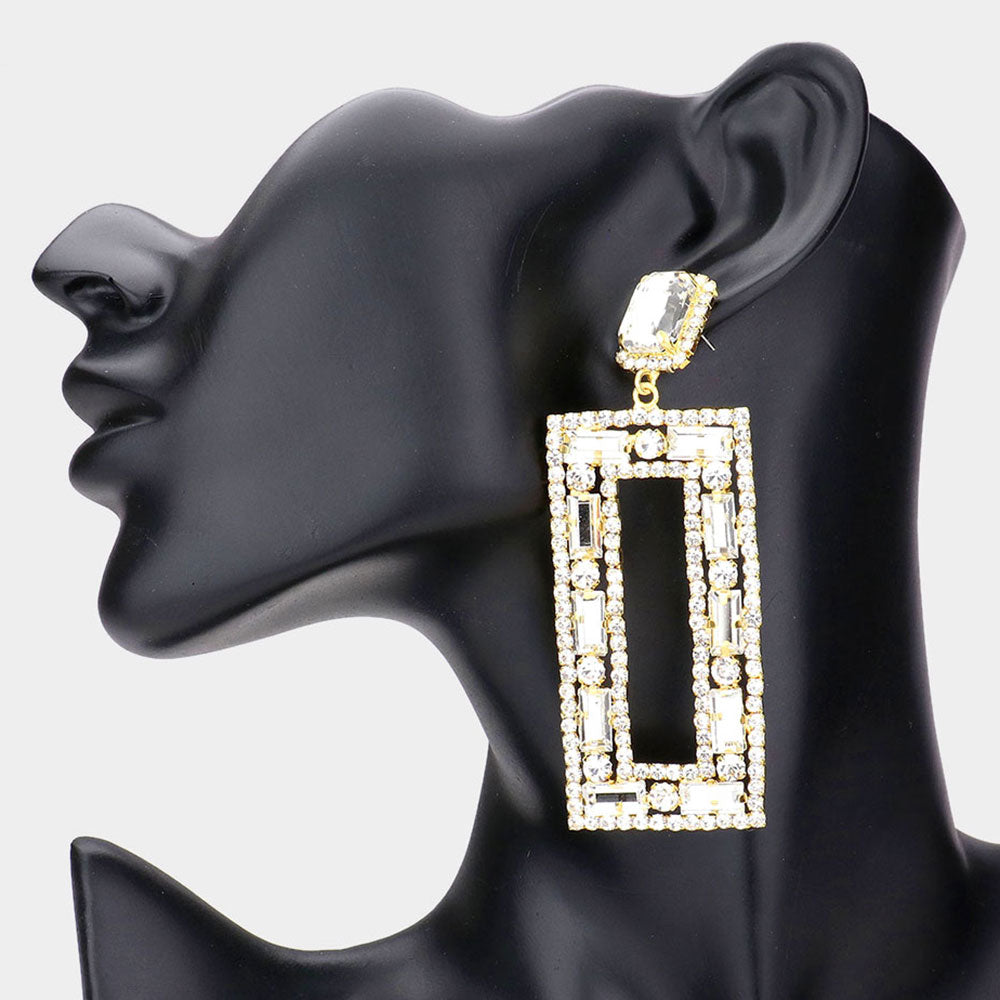 Large Clear on Gold Multi Shape Stone Open Rectangle Earrings on black mannequin earlobe