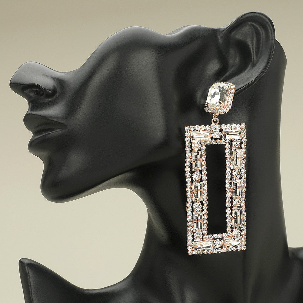 Large Clear on Rose Gold Multi Shape Stone Open Rectangle Earrings on black mannequin earlobe