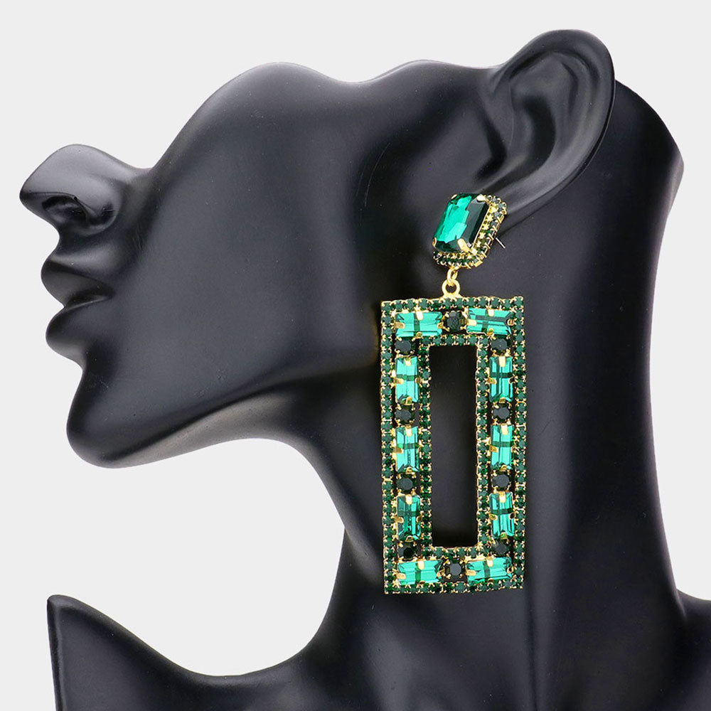 Large Emerald Multi Shape Stone Open Rectangle Earrings on black mannequin earlobe