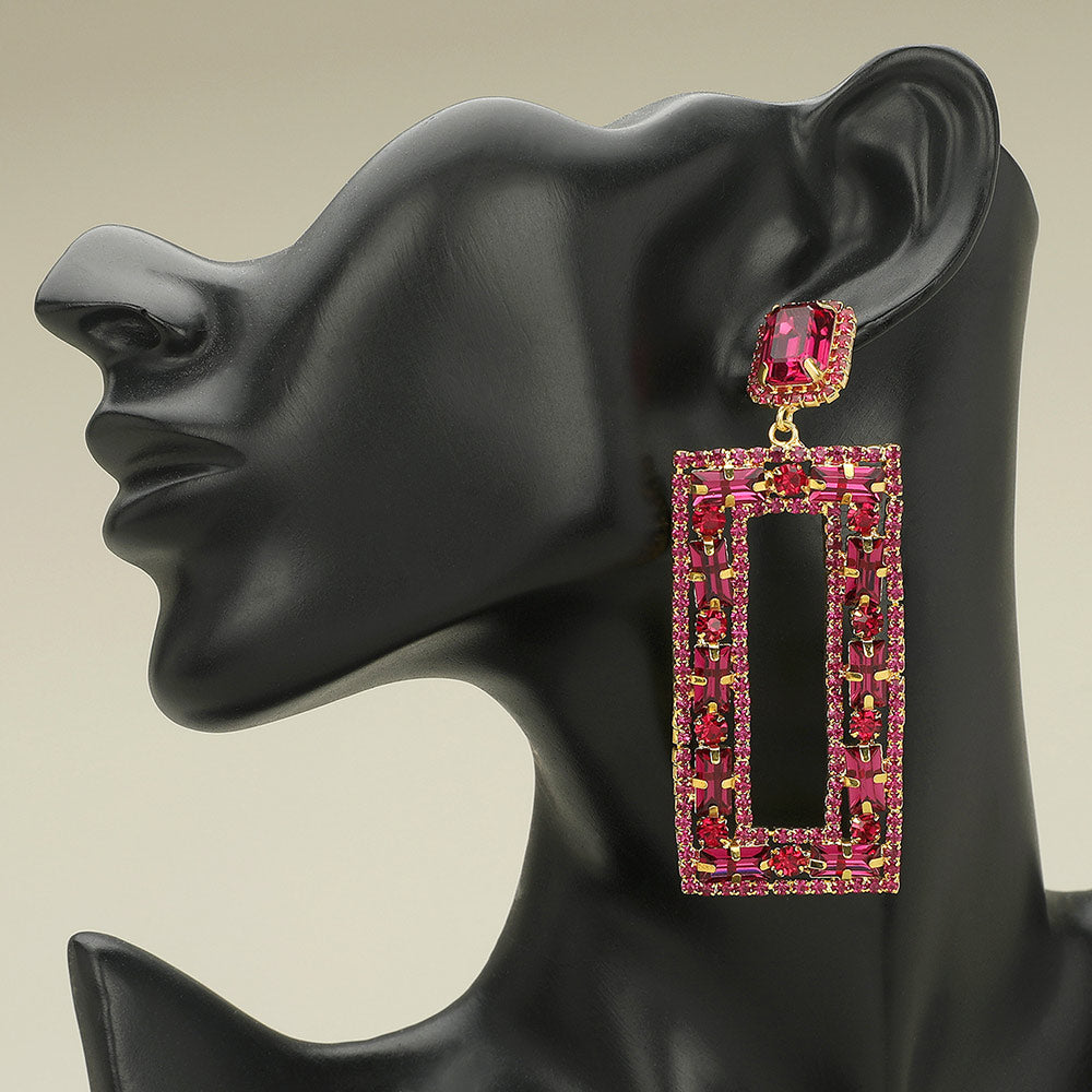 Large Fuchsia Multi Shape Stone Open Rectangle Earrings on black mannequin earlobe