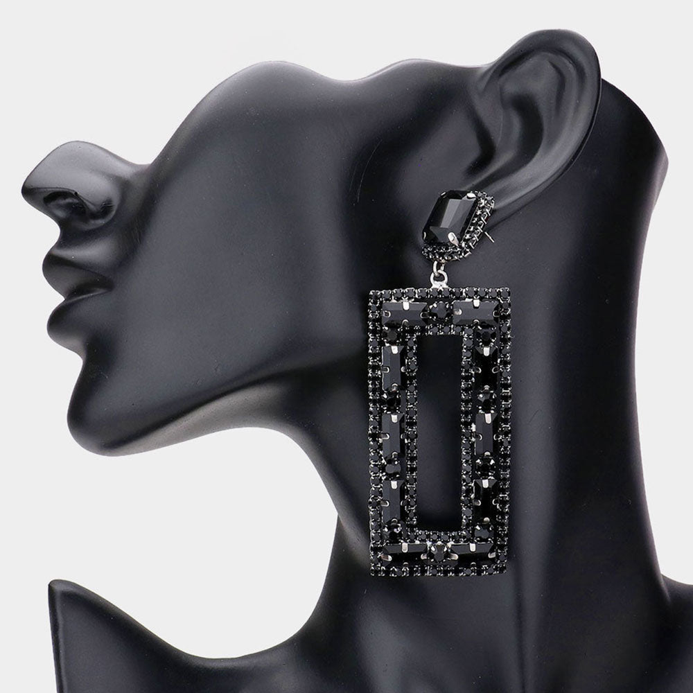 Large Jet Black Multi Shape Stone Open Rectangle Earrings on black mannequin earlobe